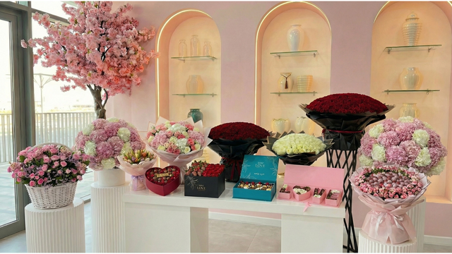 A luxurious bouquet of deep red roses wrapped in black paper, with different other flower bouquets and the one love chocolate collection sitting on a table in Dubai. Created by Karaz Flowers