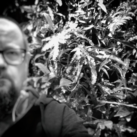 A black and white portrait features a person with glasses and a beard, partially blurred, against a backdrop of lush greenery.