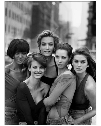 BW group photo of Naomi Campbell, Linda Evangelista, Tatiana Patitz, Christy Turlington, Cindy Crawford.