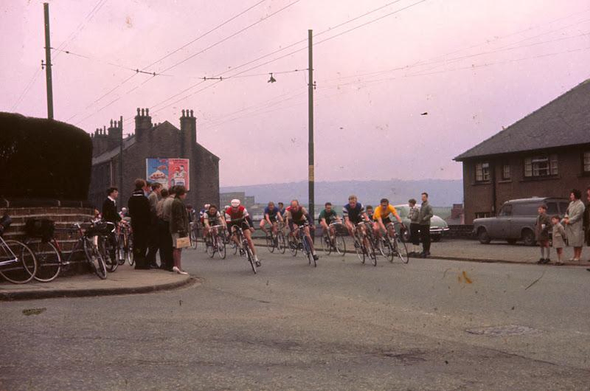 A 35mm slide showing some cyclists in a Northern Town