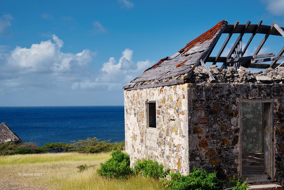 A weathered stone house with a collapsed roof stands near the ocean under a clear blue sky, surrounded by green grass and distant trees.