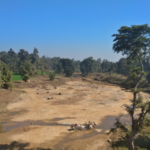 A dry riverbed with scattered rocks under a clear blue sky. A cart pulled by oxen crosses shallow water surrounded by lush trees and green fields.