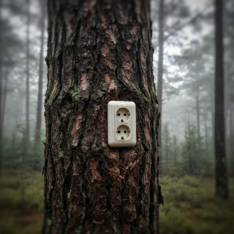 A close-up view of a tree trunk in a foggy forest, with a white double electrical outlet strangely mounted directly onto the rough, brown bark. The surrounding forest is misty and dim, with tall, thin trees fading into the background. The scene feels surreal and slightly eerie, as the man-made outlet contrasts sharply with the natural woodland setting.