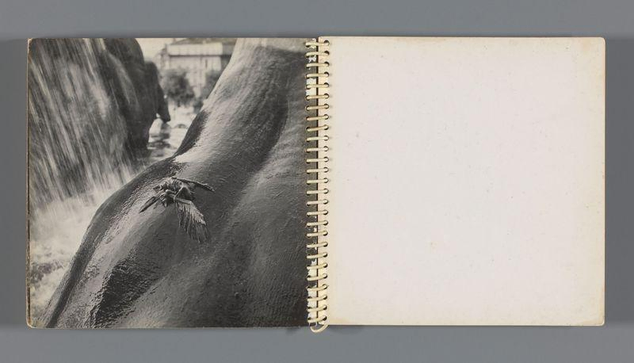 The image shows an open spiral-bound notebook on a gray surface. The left page displays a monochromatic, high-contrast photograph of water flowing over the backside and hindquarters of what appears to be an elephant or similar large mammal. Water cascades down in forceful streams against darkened skin with visible textures and reflections that suggest moisture. On this image, there's also a small figure resembling a human-like shape emerging from the flow of water on the left side.

The right page is blank except for signs of wear like yellowed edges and minor stains indicative of age or use over time. The spiral binding runs vertically down both pages, with visible teeth indicating where additional sheets could be inserted into this notebook format. There's no other discernible text or markings within these two displayed pages.