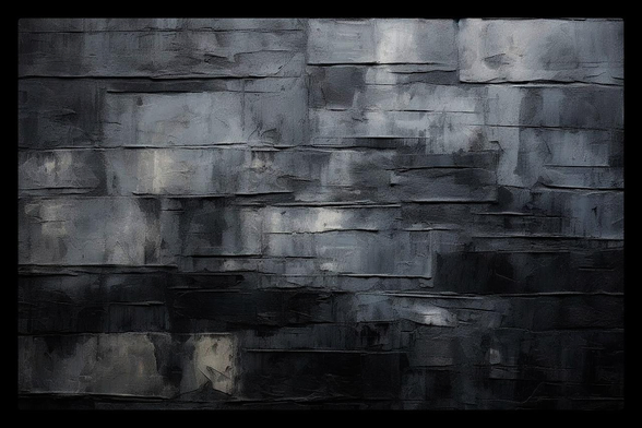 A dark, textured surface fills the entire frame. The surface appears to be made up of long, rectangular shapes stacked horizontally, resembling wood planks or stone blocks. These shapes are not uniformly smooth; they have a rough, uneven quality with visible ridges and depressions. The color palette is predominantly dark gray and black, with subtle variations in tone creating depth and shadow. 