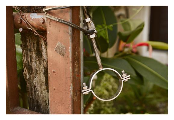 A shiny, stainless steel pipe clamp hanging from a threaded rod, which is attached to a weathered, rusty brown metal post. The metal structure is positioned next to a rough, deeply textured piece of old wood. The background is a soft blur of lush green foliage and plants. - Google Gemini Latest