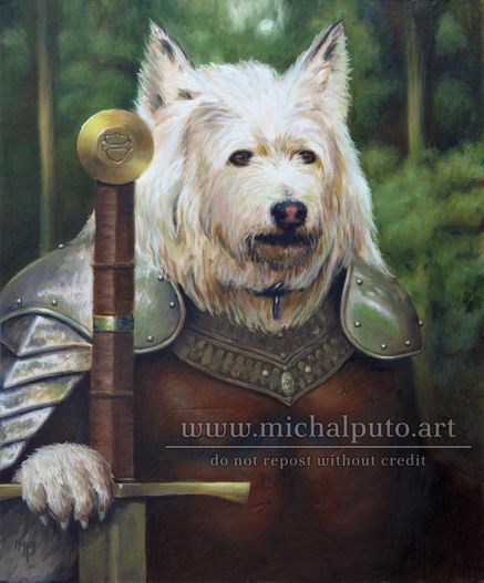 Oil painting on canvas panel, 40x50cm. A portrait of a dog dressed as a fantasy ranger, there is a sword in the foreground and a forest in the background.