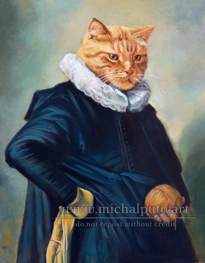 Oil painting on canvas panel, 40x50cm. Portrait of a cat wearing a fancy attire with a collar. He's holding a ball of yarn. Study of a painting by Frans Hals.