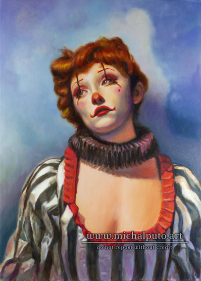 Oil painting on canvas, 50x70cm. A sad clown woman. She's redhead and wears a dress with white/black stripes and black collar.