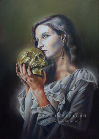 Oil painting on canvas. 50x70cm. Portrait of a pale woman holding a golden skull at her lips. She's wearing a white dress. 