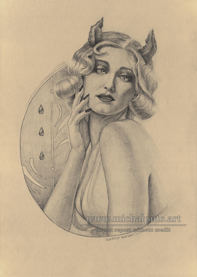 Graphite pencils drawing on paper, A3. A portrait of a horned woman, she has a vintage haircut, wears a dress.