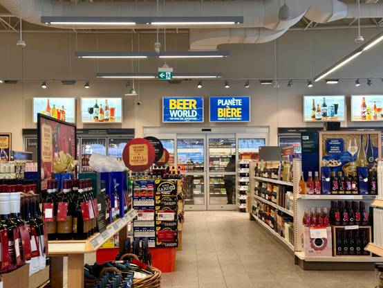 Aisles in a Liquor store.