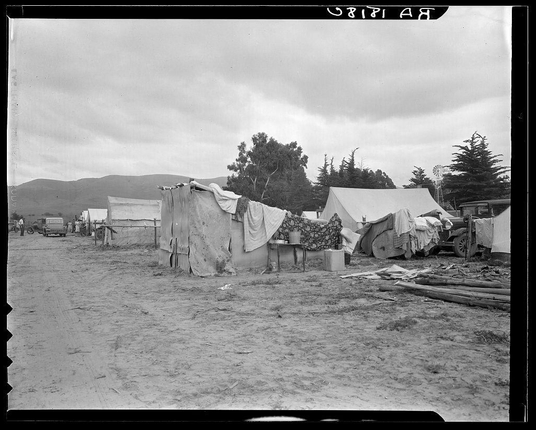 The black and white photograph displays a rural, outdoor setting with multiple makeshift tents scattered across an open field. The environment appears to be in the midst of a cloudy day without any visible sunlight penetrating through. Each tent is constructed from various materials such as tarps and blankets draped over wooden frames or other structures not fully discernible due to perspective.

Various items are strewn around, including what appear to be tools on the ground near the tents and stacks of wood that suggest ongoing work or construction activities. The terrain looks dry with patches of grass, indicative of a possibly arid climate which is typical for farming regions like those inhabited by migrant pea workers in California during the early 20th century.

In the distance, gentle hills rise above the campsite, and sparse trees are scattered across the landscape. On the right side, part of an old-fashioned windmill can be seen with its blades partially obstructed from view. This suggests that some agricultural practices or water management systems may still in use despite the rustic dwelling conditions.

The overall scene evokes a sense of hardship and resilience often associated with labor camps where migrant workers reside temporarily while working on seasonal crops like peas, which require manual picking by hand. The photograph is likely taken during a time  [...]