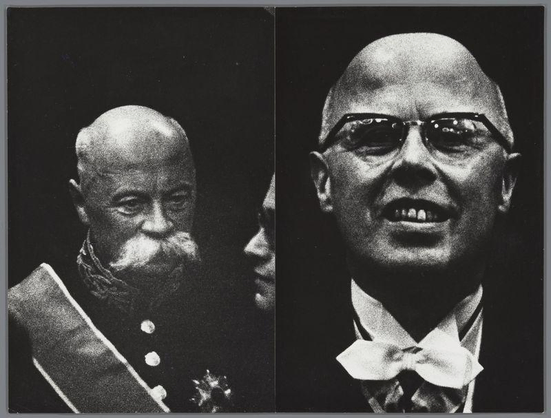 This black and white photograph is a split portrait of two men. On the left, an older gentleman with a bald head wears glasses, a dark coat adorned with what appears to be insignia or buttons, and has his mouth slightly open as if in mid-speech. His attire suggests formality and possibly indicates that he holds some kind of official or military rank.

On the right side of the image is another man who seems significantly younger than the first; he wears glasses and a bow tie with what appears to be a white collar, suggesting formal wear. He has his mouth open as if laughing or speaking animatedly. His appearance indicates a lighter-hearted demeanor compared to the more somber expression on the left.

The background of both portraits is completely dark, which emphasizes the subjects' faces and upper bodies. The stark contrast between light and shadow gives this photograph an almost theatrical quality. There's no discernible context provided within these frames other than their formal attire and expressions; it suggests a moment captured during a significant event or ceremony involving state officials.

The image credits mention "Ministers van Staat Pieter Gerbrandy (links) en Louis Beel (rechts)" which translates to "State Ministers Pieter Gerbrandy (left) and Louis Beel (right)." This indicates that the men are identified as political figures in what seems like a state vis [...]