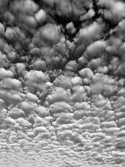 A black and white photo showing a view of small clouds grouped together covering the entire sky.
