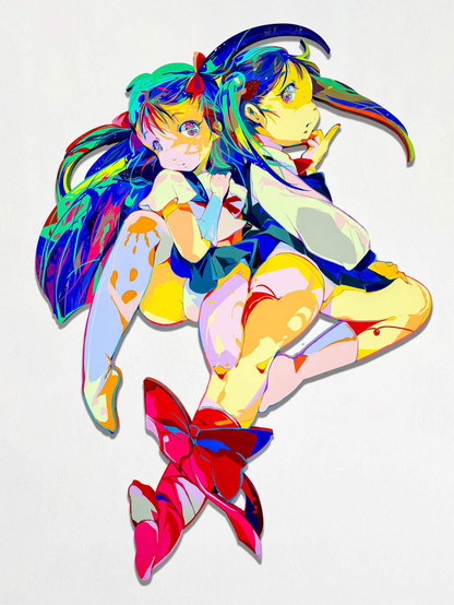 Two vibrant anime characters, one with colorful hair and a red bow, pose back-to-back with playful expressions, set against a white background.