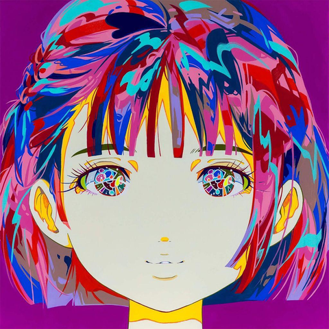 A vibrant character with an abstract hairstyle featuring playful swirls and patterns in bold colors against a solid purple background.