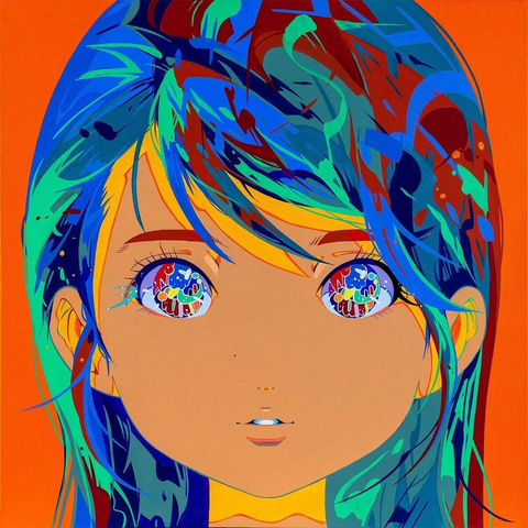 A vibrant character with an abstract hairstyle featuring playful swirls and patterns in bold colors against a solid orange background.