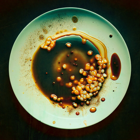 A color photo showing an overhead view of a light green plate with a few baked beans and some brown sauce on it.