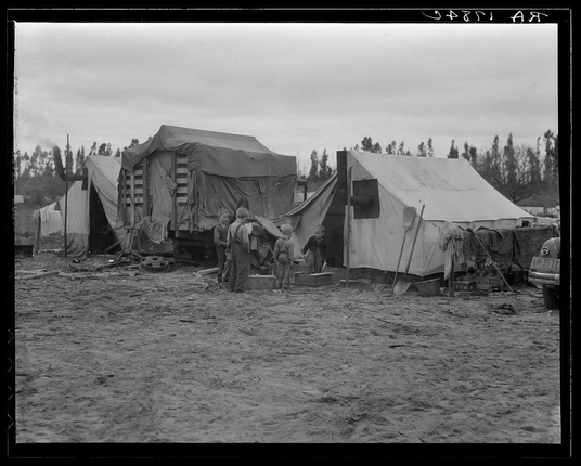 This black and white photograph depicts a makeshift campsite with several tents, some of which are partially collapsed or damaged. The ground is uneven and appears to be muddy, suggesting wet conditions that could impact the stability of the structures.

There are three individuals visible in the image; one person seems to be holding up a large piece of fabric or canvas material, possibly attempting to repair or stabilize a tent structure. Another individual stands near what looks like a wooden crate, while a child is also present but engaged with an activity that's not entirely clear from this angle.

To the right side of the image, there is a vehicle partially visible; its license plate reads "4M3512". Various other items are scattered around the campsite, such as shovels, buckets, and possibly some equipment or belongings. The overall scene conveys hardship and resilience amidst difficult circumstances likely related to wartime conditions.

Additional information about this image can be found in a source that mentions one of the largest pea camps in California, indicating the photograph may have been taken during World War II when such camps were established for displaced individuals or laborers working on agricultural projects.