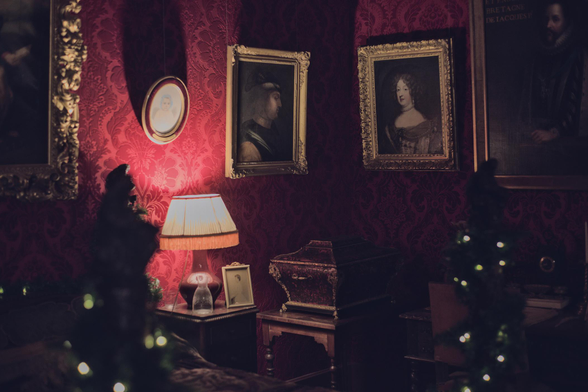 A corner of a room, walls covered with red silky wallpaper. Several antique portraits in gilded frames are handing on the walls: two are rectangular (a man in medieval clothes and a woman in a dress from some later time period), one small oval portrait appears to be a child. The walls are lit only with the light coming from a lamp standing on a bedside table. Only the small oval portrait is lit very sharply. There's an ornate standing next to the lamp.
There are two more larger portraits partially out of the frame and out of the light. Christmas lights are visible, but out of focus, in the foreground.