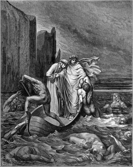 Three men stand in a rowboat, surrounded by people swimming toward them, trying to climb aboard. One of the men is being repelled as the ferryman strives to keep the boat moving.