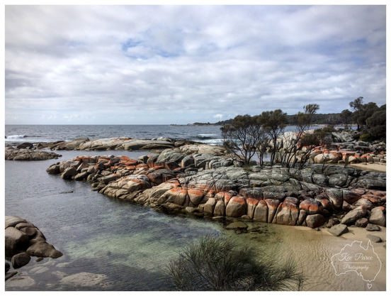 Panoramic view of Binalong Bay, Tasmania, featuring a small sandy beach and clear shallow water leading to a cluster of large, smooth granite boulders covered in distinctive orange lichen.

The rocks extend into the ocean under a wide, cloudy sky. Sparsely leaved coastal trees grow amongst the rocks on the right.