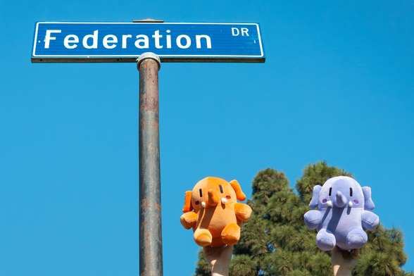 Photo of Strawberry II and Blueberry II, Mastodon stuffed toys, next to the nameplate for Federation Drive during a bright, sunny afternoon. The photo is cropped towards the top of a tall pole, atop which is the nameplate for Federation Drive. Slightly below and towards image-right of the nameplate are Strawberry II and Blueberry II, held on off-screen arms against a backdrop of pine trees and blue skies.