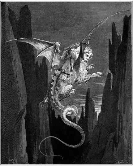 Amid a landscape of jagged mountain peaks, two men ride on the back of a flying monster with bat-like wings, a snake’s tail, lion’s paws, and the bearded face of an old man.