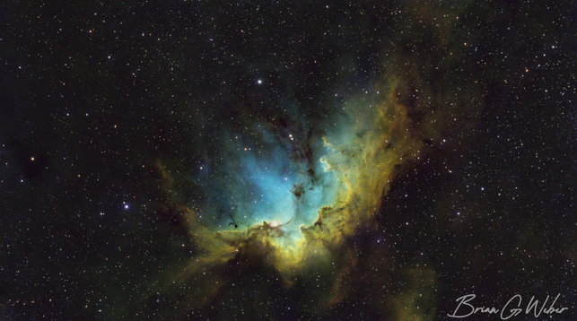 The Wizard Nebula is the main subject of the image, with a blue oxygen-rich area bordered by sharp lines and dark dust forming a wall in the gold sulfur and hydrogen area.