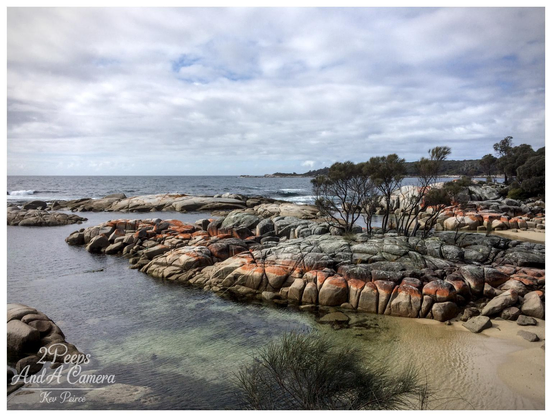 Panoramic view of Binalong Bay, Tasmania, featuring a small sandy beach and clear shallow water leading to a cluster of large, smooth granite boulders covered in distinctive orange lichen.

The rocks extend into the ocean under a wide, cloudy sky. Sparsely leaved coastal trees grow amongst the rocks on the right.