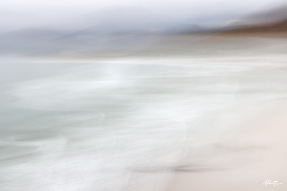 abstract coastal scene of crashing waves and hills. focuses on bright textures with subtle cool tones and a splash of warm colours in the upper right corner