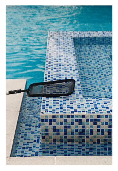 The corner of a pool featuring steps or a small wading area, all surfaced with vibrant blue and white mosaic tiles. A long-handled skimmer net, used for cleaning debris, rests on the tiled surface, partially submerged near the main body of turquoise water which shows noticeable ripples. - Google Gemini Latest