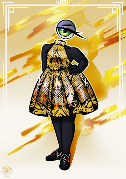 A character with a dark void body and a floating eyeball for a head (Eyebie) wearing a fancy black and gold cocktail dress and black shoes with gold details on the laces and the sides. Eyebie is standing confidently, with one hand on their hip.