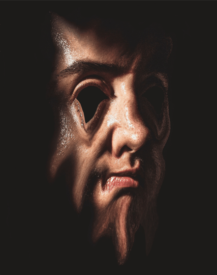 A distorted and unsettling close-up of a face (mine!). The eyes are blacked out and bend downwards. The face appears to be melting or warped with exaggerated and misshapen features. The lighting is dramatic, with stark contrasts of light and shadow, further emphasizing the grotesque details of my face 😂.