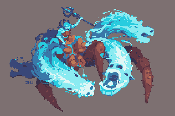 Pixel art. Horse-shaped columns of water explode from the core of what it looks like a creature with crab legs and a human with a trident on top. The human is made of water and he's shouting orders to the water columns - probably to attack an enemy