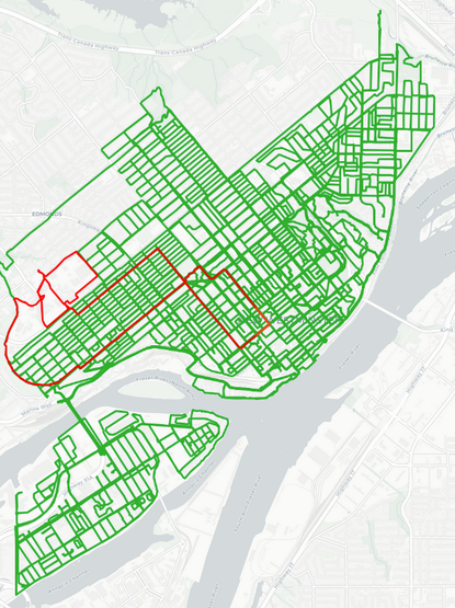 A map with a lot of roads marked in green, and one route marked in red