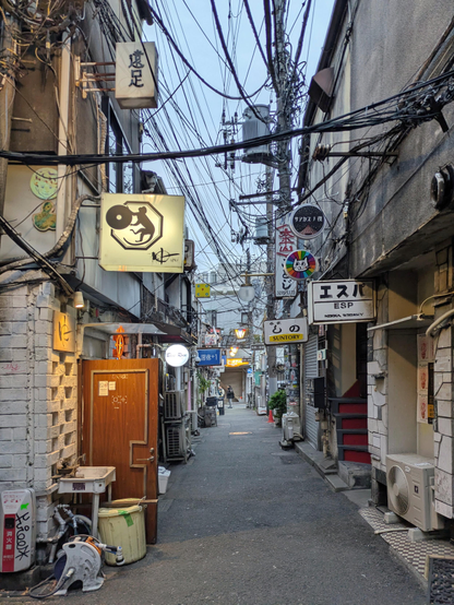 A tight urban alley in Japan filled with dense overhead power lines and closely packed signage. Small storefronts and bars line both sides, with illuminated signs in Japanese and English, air-conditioning units, and exposed wiring. The perspective leads toward the end of the alley, where a few distant figures are visible, giving a lived-in, slightly gritty city feel.