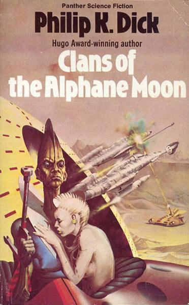 Cover for Dick's Clans of the Alphane Moon. A pale figure huddles with another figure inside of some sort of craft (I think). A battle transpires in the distance. 