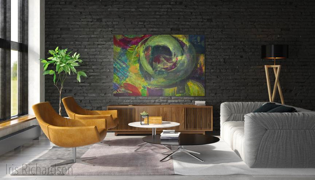 Rays of Color III in the sitting room: warm color rays contrast with cool blue-green accents, creating a vibrant abstract. 