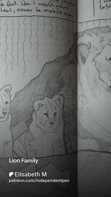 Patreon promo card showing a closeup of the drawing, with the face of a lion cub fully visible, other cub and papa lion partly shown. Words on card: Lion Family, Elisabeth M, patreon.com/independentpen