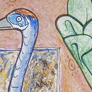 Extreme closeup of the image described in the post, showing part of the crane's head and some leaves of the tree it's standing next to, on a smudgy background.