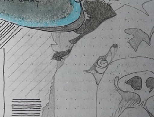 Pencil drawing of a bear's face, close up.