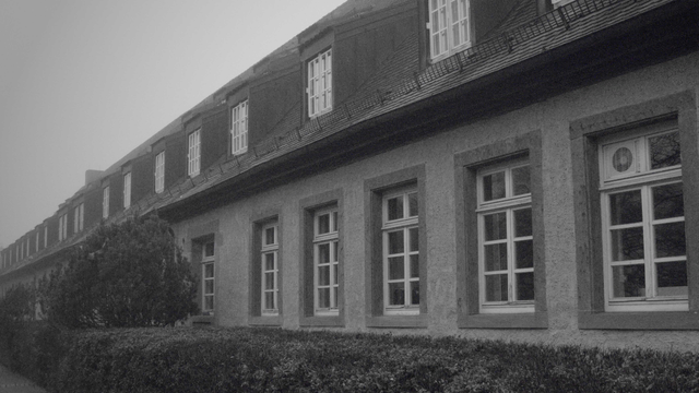 Das Schwarzweißfoto zeigt ein langes, niedriges Gebäude mit vielen Fenstern unter einem schrägen Dach. Im Vordergrund befindet sich eine dichte, geschnittene Hecke. Die trübe Atmosphäre und der reduzierte Kontrast verstärken den melancholischen Ausdruck des Bildes. Die monotone Farbgebung lenkt den Blick auf die wiederholenden architektonischen Elemente. Das Bild erzeugt eine ruhige, fast gespenstische Stimmung.