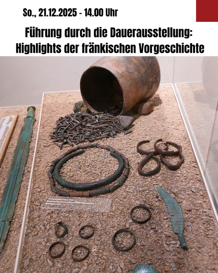 Das Bild zeigt archäologische Artefakte, die in einer Vitrine ausgestellt sind.