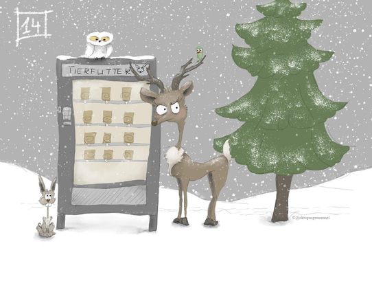 Zeichnung im Comicstil vor grauem Hintergrund. Eine Gruppe Tiere steht hungrig und mißmutig dreinblickend in einer schneebedeckten Landschaft, einen Futterautomaten umringend. Es sind ein Hirsch mit einem kleinen Grünspecht im Geweih, ein Hase und eine Schneeeule, die auf dem Automaten sitzt. Es schneit und rechts neben den Tieren steht noch ein Nadelbaum. Oben links im Bild zu sehen, eine weiße 14.