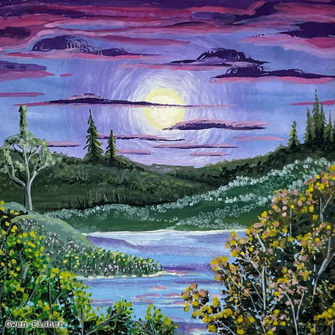 Landscape panting of sunset with clouds, hills, trees, shrubs, and water. 