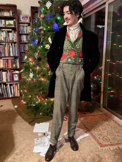 My son looking dapper in his outfit, some of which was improvised but the vest and cravat were made from scratch a couple of days before the Fair.