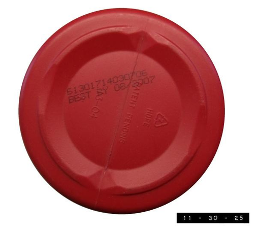 Bottom view of a red plastic Folgers coffee can that once contained coffee but is now empty.  That's probably a good thing since the can says "BEST BY 08/2007".  I've kept the can for over 18 years now because I thought it might come in handy.  It measures 3.5 inches in diameter, 5 inches in height, and holds about 3.75 cups of whatever I might choose to put into it.  I thought paint the most likely thing, but . . . it hasn't happened yet.  Maybe that will change over the course of the next 18 years.  Be sure to check back in 2043 and see!  