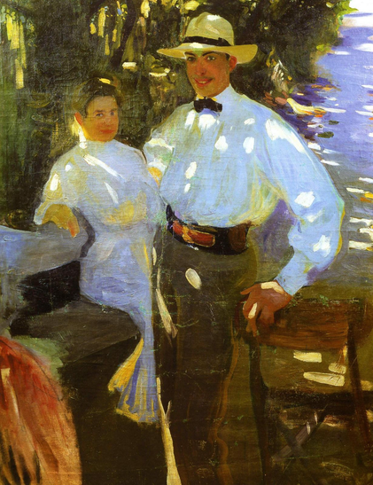 huile sur toile, la scène se déroule pendant une période de paix, en plein air, un couple vêtu de blanc pose dans les rayons de soleil filtrant à travers les feuillages au bord de l’eau, un dimanche après-midi, un jour de beau temps